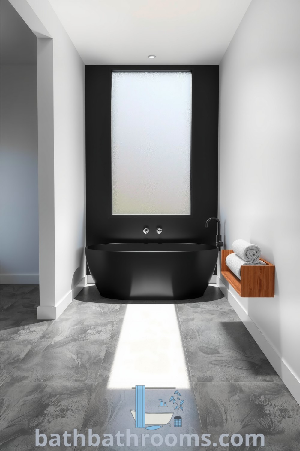 Minimalist bathroom featuring a sleek black tub against a white wall, natural light from a frosted window, and textured gray stone tiles, creating a serene and inviting atmosphere. Discover inspiring decor ideas for small spaces at bathbathrooms.com.