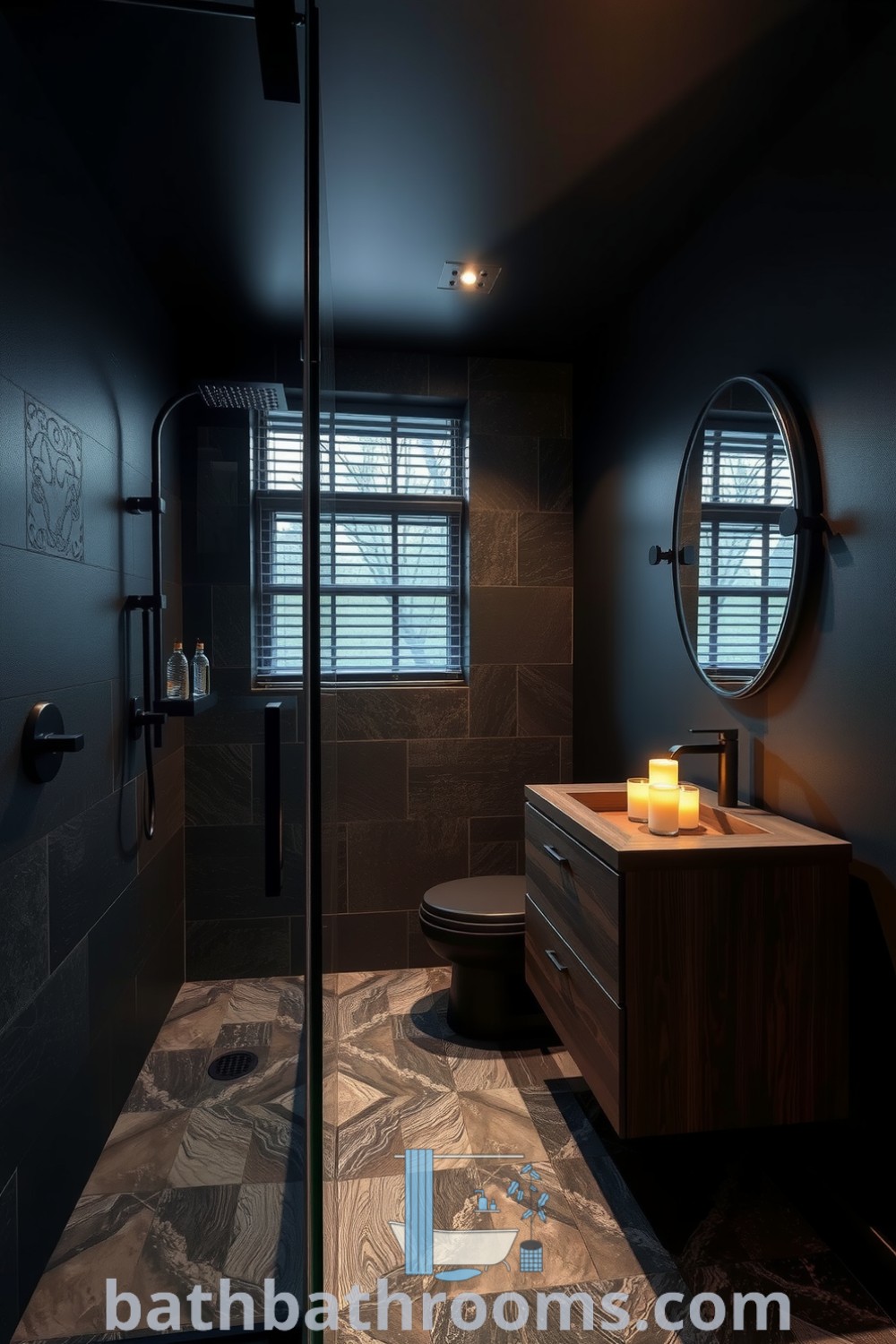 Modern black bathroom featuring a sleek frameless glass shower, textured stone tiles, matte black fixtures, and a wooden vanity, creating a cozy and stylish retreat. Discover inspiring decor ideas for your home at bathbathrooms.com.