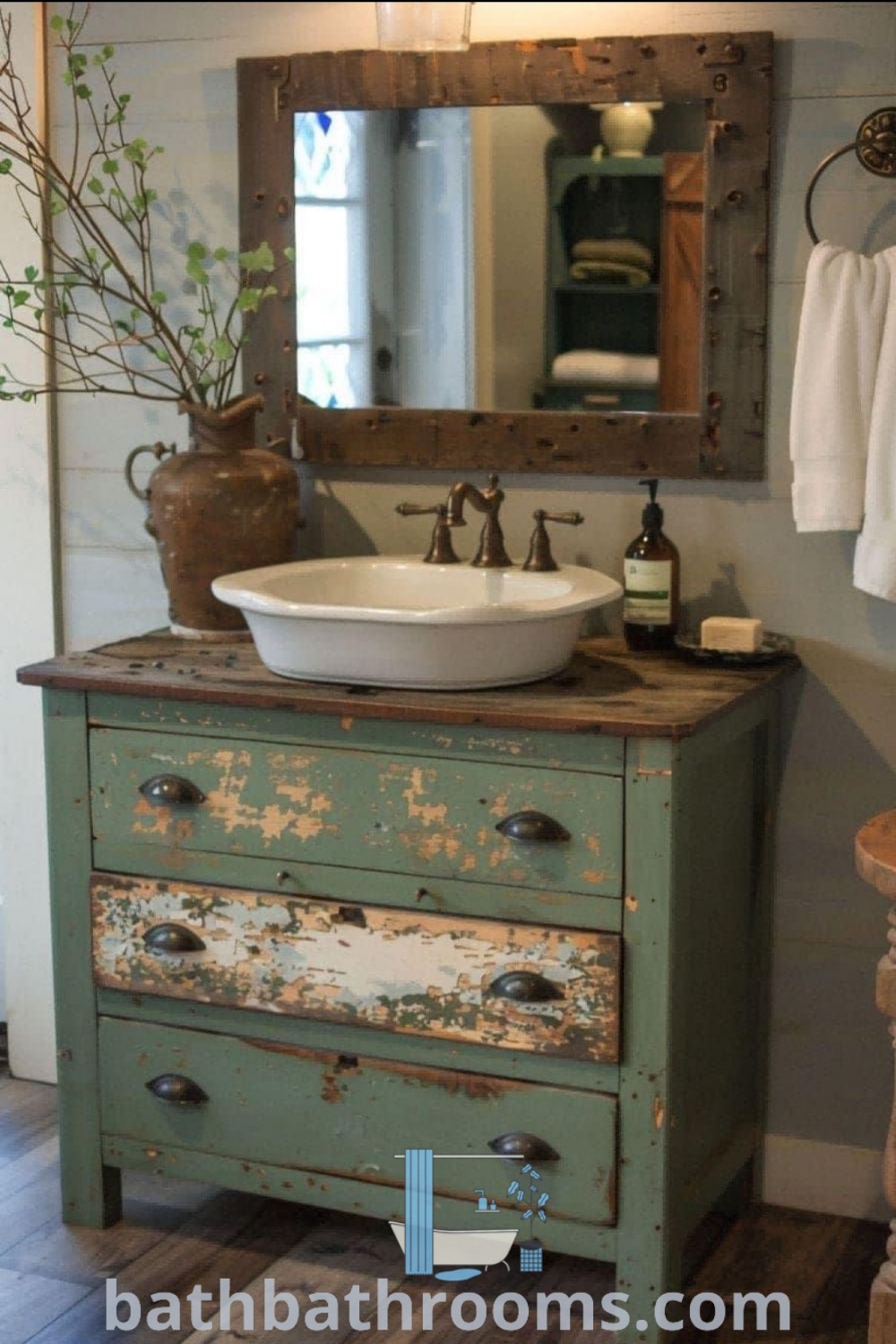 A rustic bathroom featuring an old dresser vanity with a sink and mirror, showcasing shabby chic decor ideas and farmhouse inspirations. This cozy design enhances small spaces while providing unique storage solutions. Explore more at bathbathrooms.com.