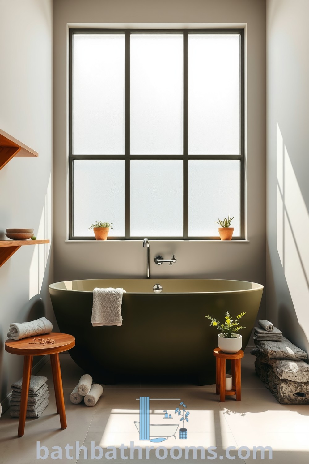 Olive-hued minimalist bathroom with a tranquil tub, neutral walls, wooden shelves, and potted plants, creating a serene atmosphere. Explore cozy home decor ideas at bathbathrooms.com.