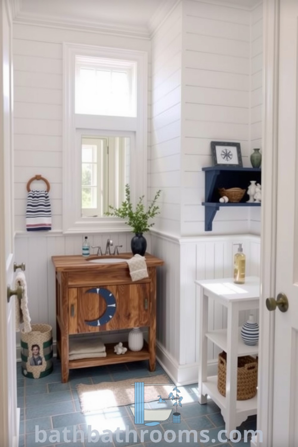 Nautical bathroom featuring white walls with navy accents, a reclaimed wood vanity, sea glass tiles, and seashell decor, creating a serene coastal atmosphere. Discover more inspiring decor ideas for your home at bathbathrooms.com.