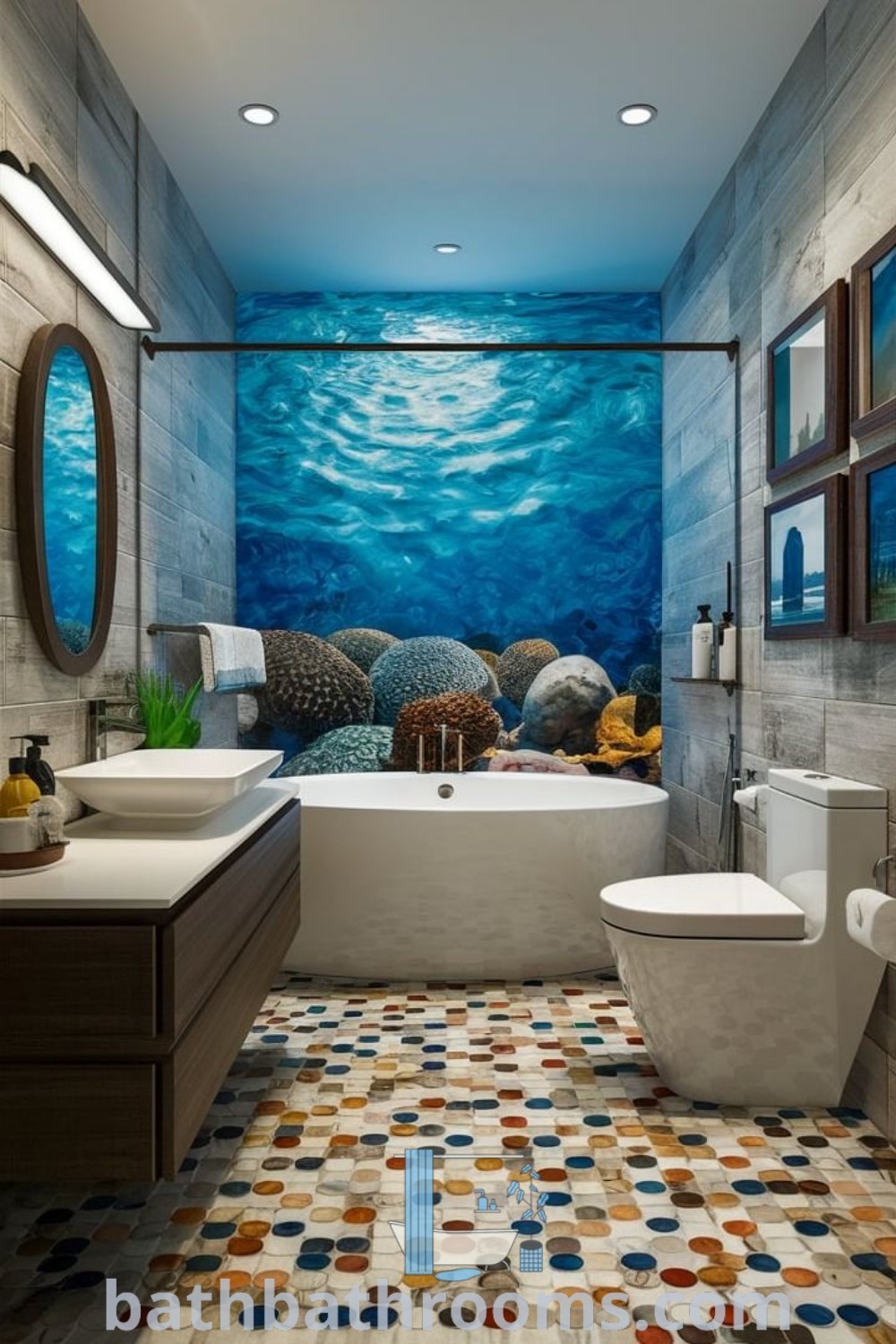 An ocean-themed bathroom featuring wall decor inspired by tropical designs, showcasing cozy and inviting elements. Discover unique decor ideas and inspirations for your home at bathbathrooms.com.