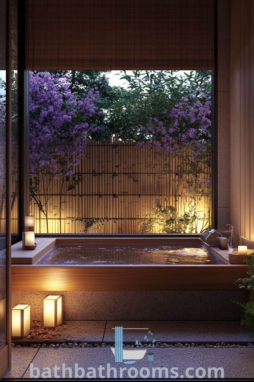 Japanese bathroom with soothing lavender hues, a natural wood soaking tub, smooth stone tiles, bamboo accents, and soft candlelight, creating a tranquil ambiance. Discover more unique decor ideas at bathbathrooms.com.