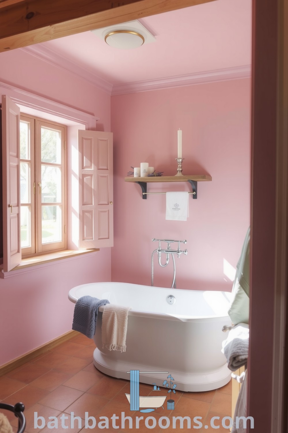 Cozy Provence bathroom featuring soft pink tones, natural light through frosted glass, a freestanding tub, rustic wooden shelf with lavender and candles, creating a serene and inviting atmosphere. Discover more design ideas for your home at bathbathrooms.com.