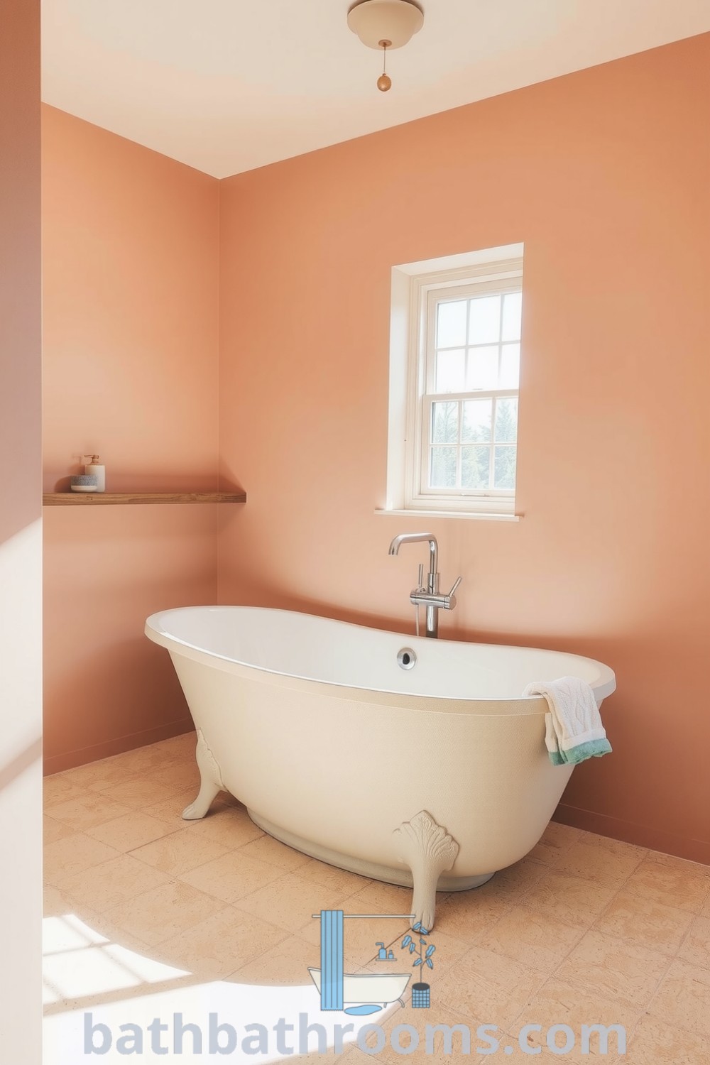 Cozy minimalist bathroom featuring a warm peach hue, a freestanding tub, natural light, and essential decor on a wooden shelf, creating a calming and inviting atmosphere. Discover more unique decor ideas for your home at bathbathrooms.com.
