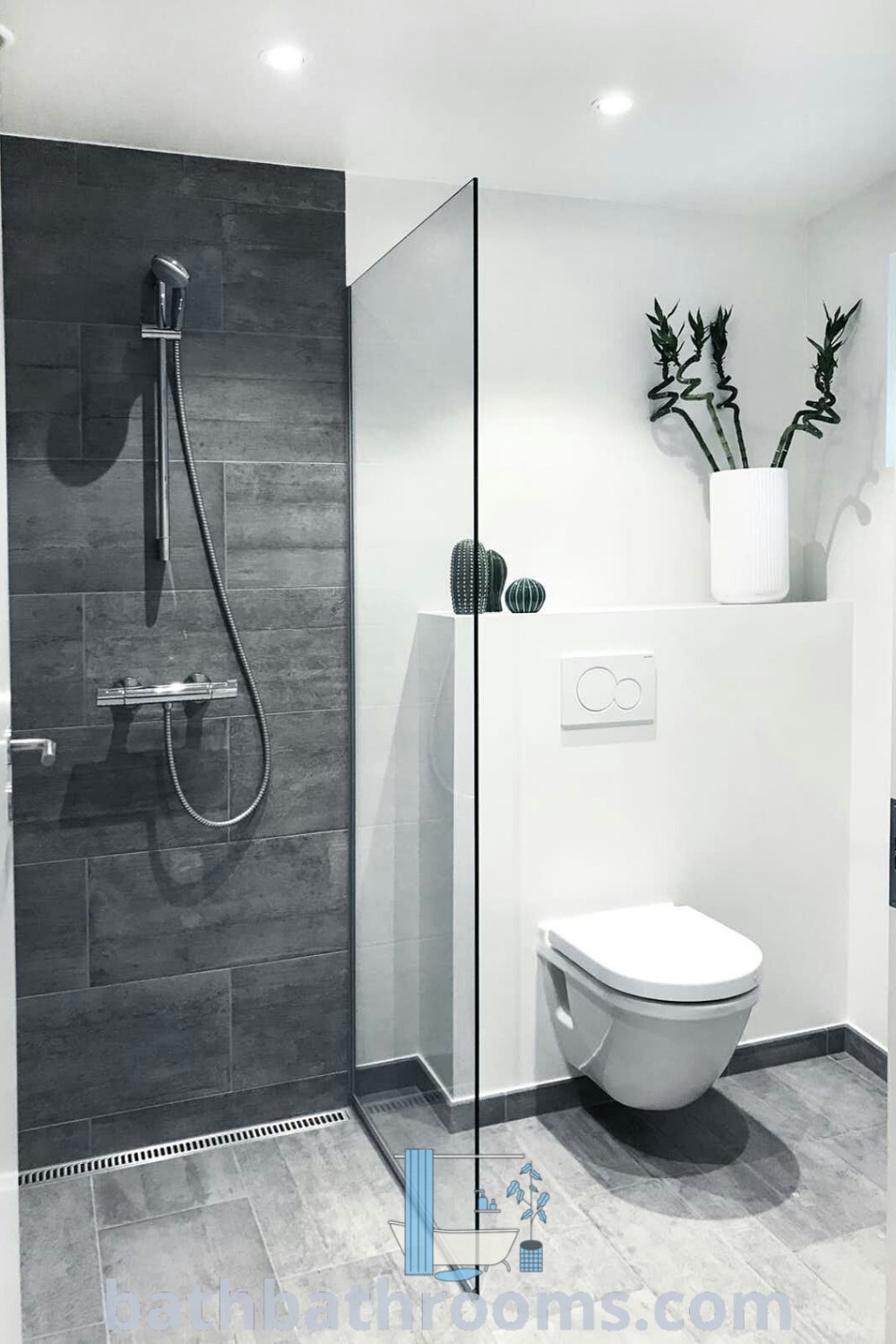 A stylish small bathroom featuring a white toilet next to a walk-in shower, embodying modern accessible bathroom design. This image showcases design ideas for soothing aesthetics and maximizing space, perfect for bathroom renovations. Discover inspiring decor inspirations and tips for your home at bathbathrooms.com.