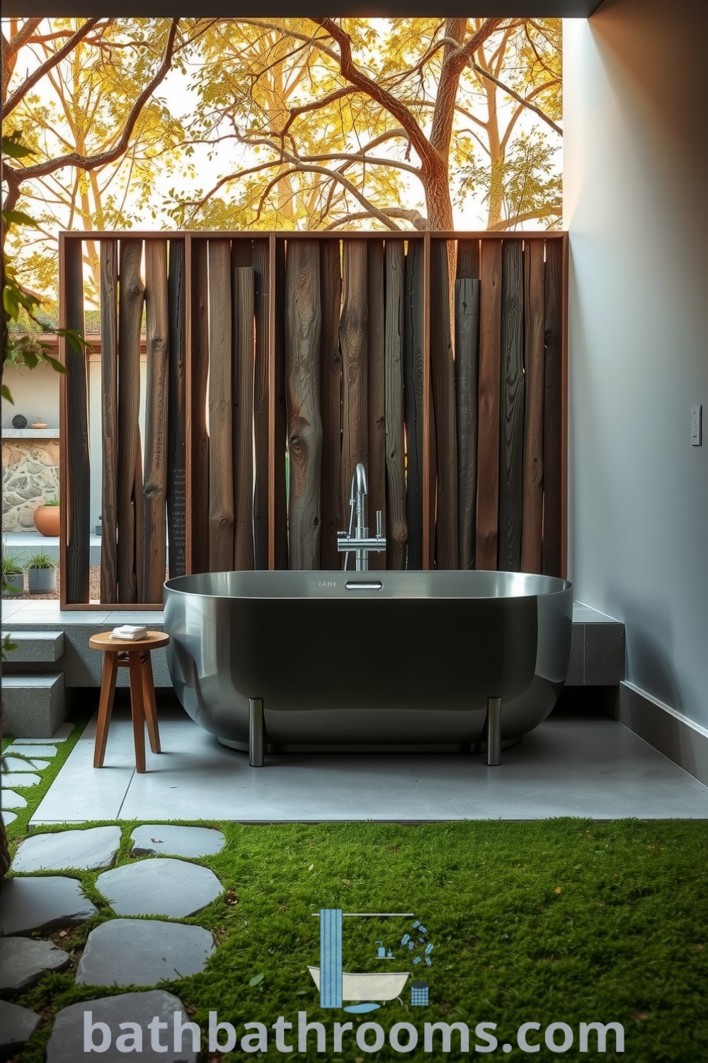 Cozy outdoor bathroom featuring smooth river stones, soft moss, a brushed metal freestanding tub, and rustic wooden privacy screen, creating a serene atmosphere perfect for relaxation. Discover more decor ideas for your home at bathbathrooms.com.