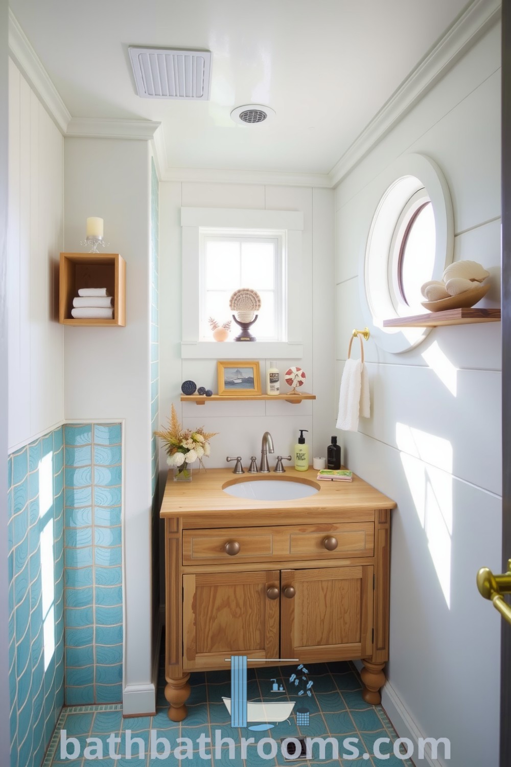 Nautical bathroom with white paneling, seafoam green accents, a weathered wooden vanity, and blue tiles, illuminated by natural light, with seashell decor and driftwood shelves, creating a cozy coastal aesthetic. Discover more inspiring decor ideas at bathbathrooms.com.