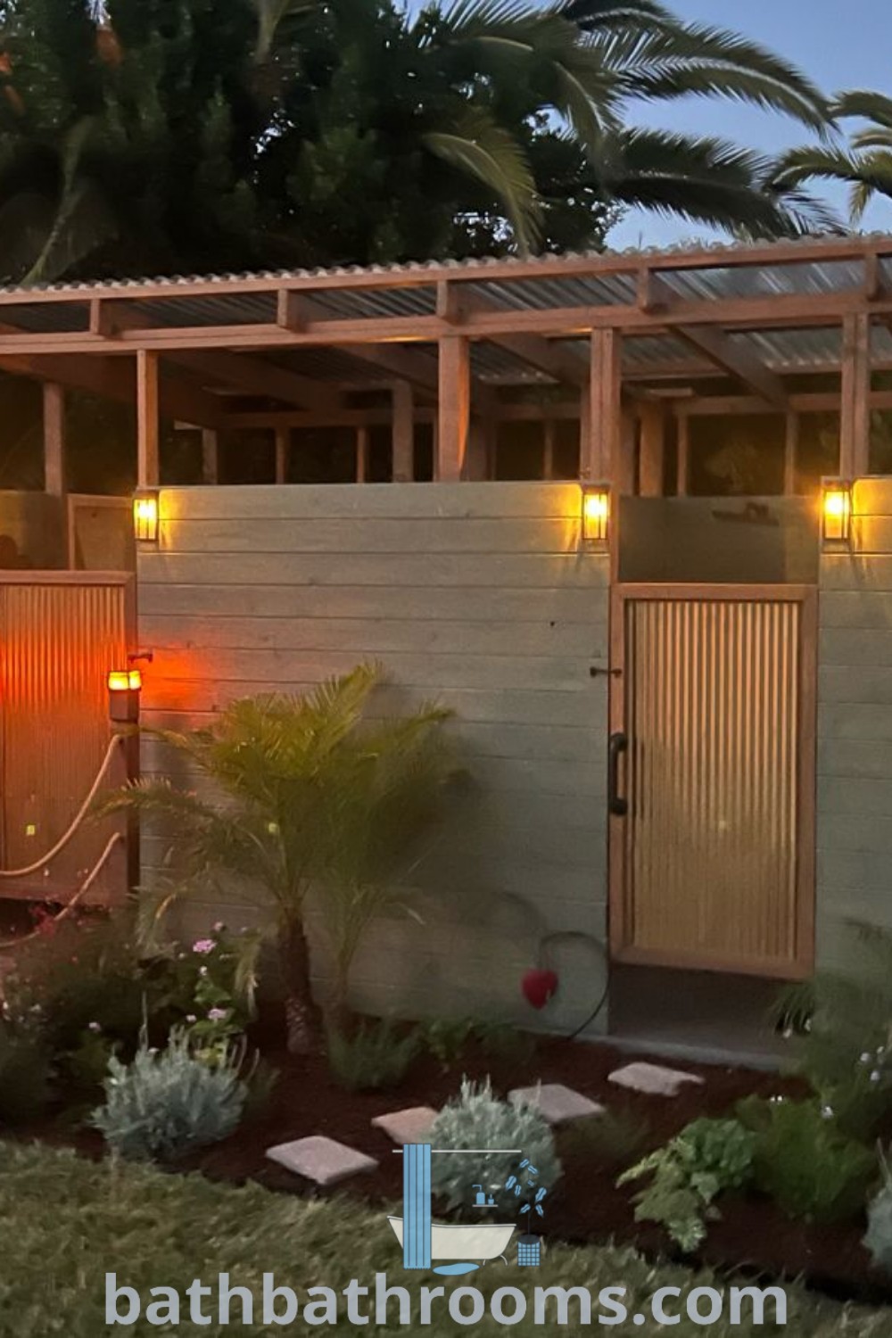 A cozy outdoor glamping bathroom by the bay featuring a retreat-style shower and toilet. Perfect for outside restroom and glamping bathroom ideas, this design emphasizes relaxation and nature integration. Discover more cozy design inspirations at bathbathrooms.com.