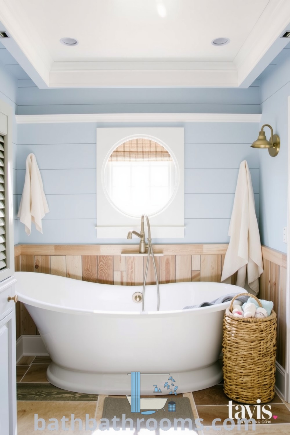 Nautical-style bathroom featuring pale blue walls, weathered wooden accents, a spacious soaking tub, and seashell decor, creating a coastal retreat. Discover more inspiring decor ideas for your home at bathbathrooms.com.