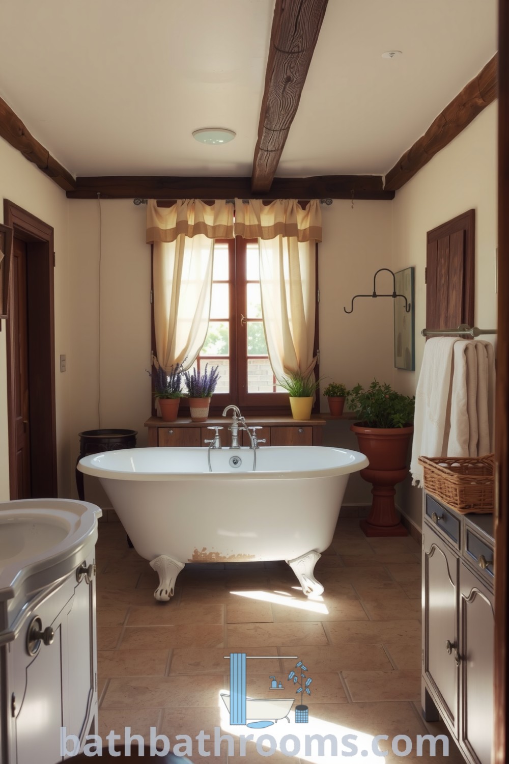 Cozy rustic bathroom featuring cream walls, wooden beams, a vintage clawfoot tub, and potted herbs, creating a serene retreat. Discover inspiring decor ideas for your home at bathbathrooms.com.