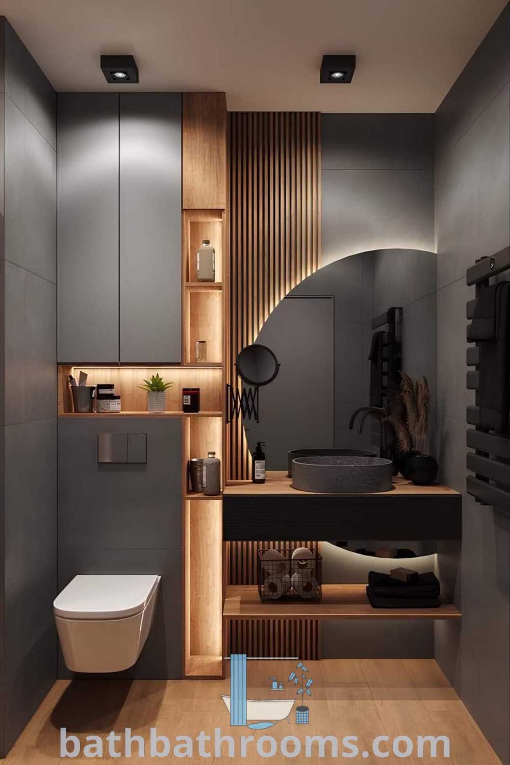 A luxurious modern bathroom with wood paneling, wooden flooring, and a white toilet. This elegant design showcases stylish bathroom decor and unique tile designs, offering cozy ideas for enhancing your home. Explore more inspiring bathroom designs at bathbathrooms.com.