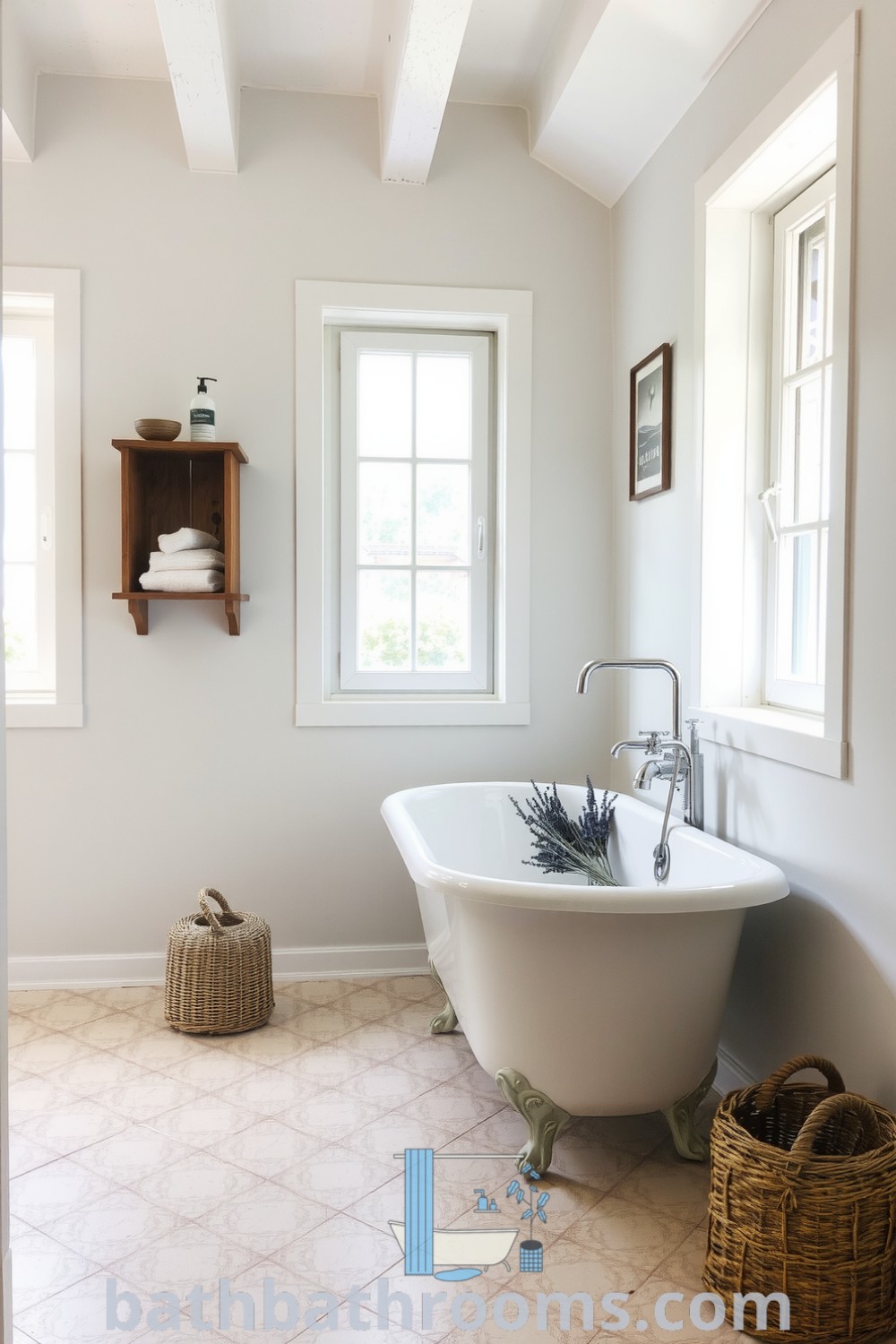 Cozy Provence bathroom featuring soft white walls, creamy textured tiles, a vintage freestanding tub, rustic wooden shelf with lavender, and woven baskets, creating an inviting and serene atmosphere. Discover more cozy decor ideas at bathbathrooms.com.