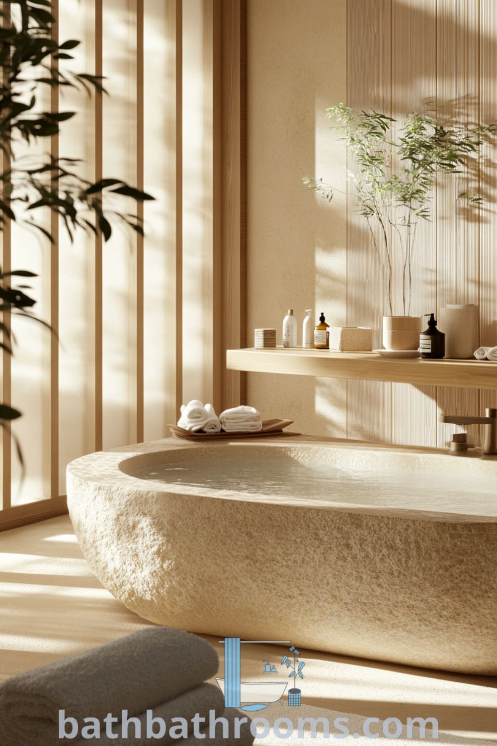Cozy Japanese bathroom featuring a natural stone soaking tub, wooden accents, morning light through frosted glass, and potted plants, creating a serene and inviting environment. Discover more unique ideas for your home at bathbathrooms.com.