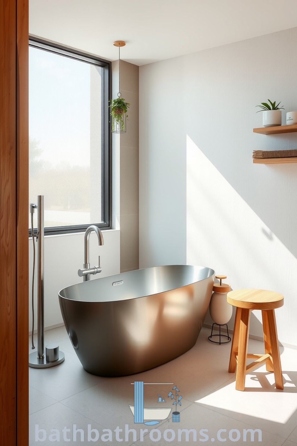 Minimalist bathroom featuring a freestanding brushed metal tub, frosted glass windows, warm wood accents, and a cool matte stone floor, creating a serene and inviting atmosphere. Discover unique ideas and decor inspirations for your home at bathbathrooms.com.