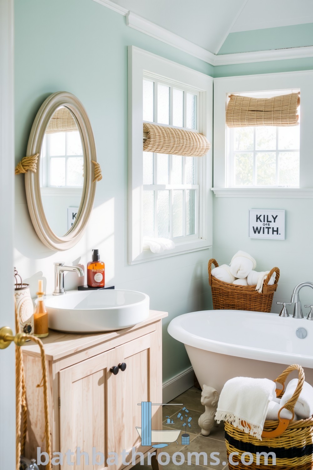Coastal nautical bathroom featuring seafoam blue walls, a weathered wooden vanity with a white porcelain sink, rope-wrapped mirrors, seashell decor, and a freestanding tub, creating a serene and inviting atmosphere. Discover unique ideas for your home at bathbathrooms.com.