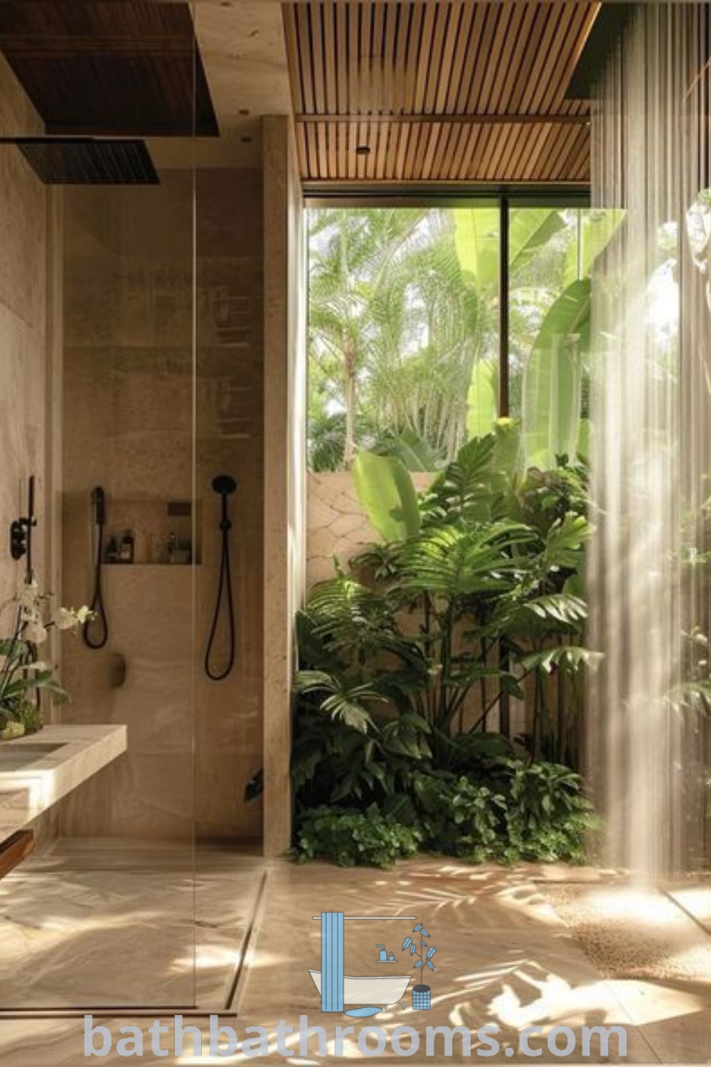 A tropical bathroom design featuring large windows and abundant greenery, showcasing biophilic design elements and Bali-themed decor. This luxury bathroom layout emphasizes a walk-in shower and indoor atrium ideas, creating a cozy and inspiring atmosphere. Discover more decor ideas at bathbathrooms.com.