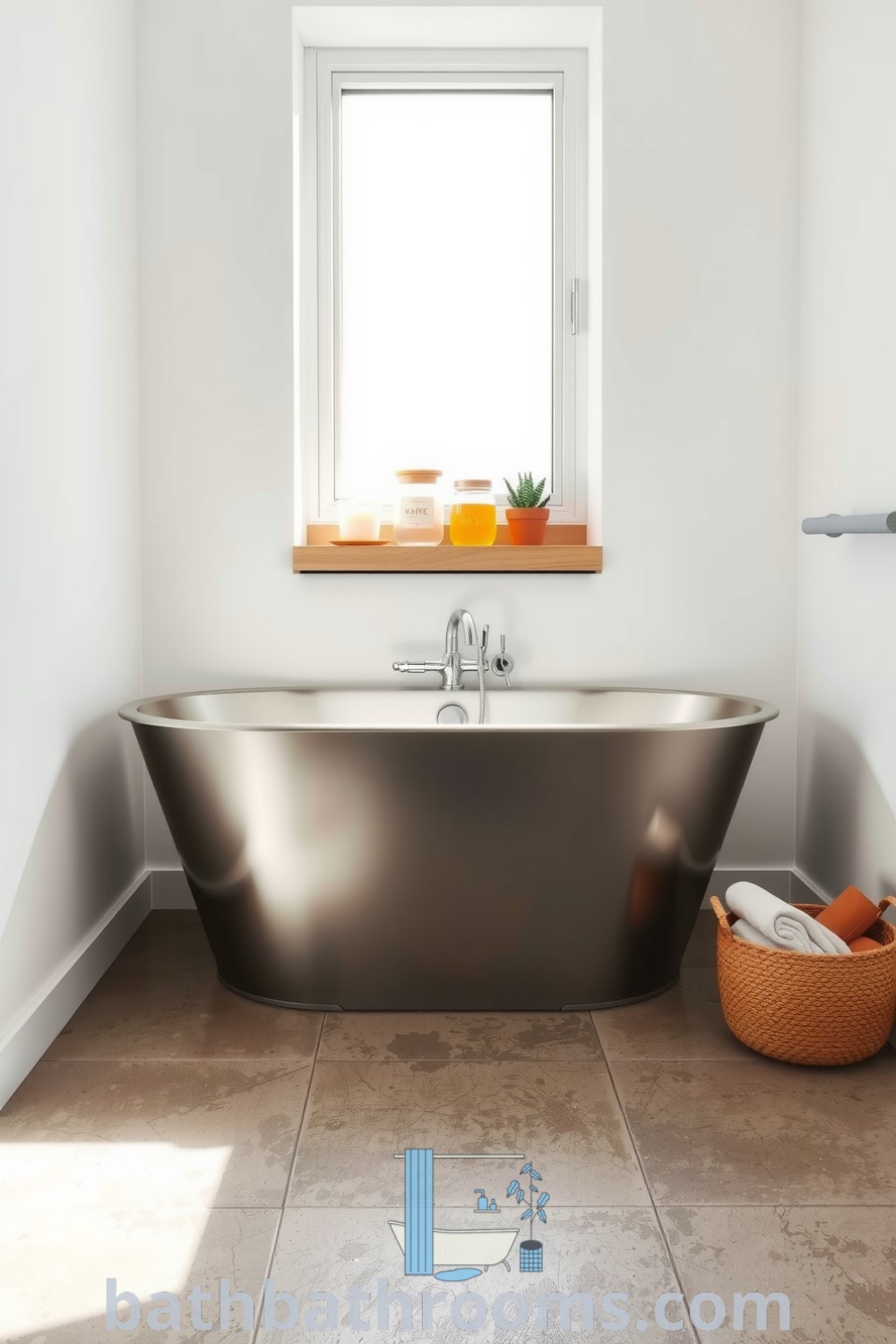 Minimalist bathroom featuring a sleek silver tub, rustic concrete floor, and soft natural light through a frosted window, accented with wooden shelves, candles, and succulents. Discover inspiring decor ideas for small spaces at bathbathrooms.com.
