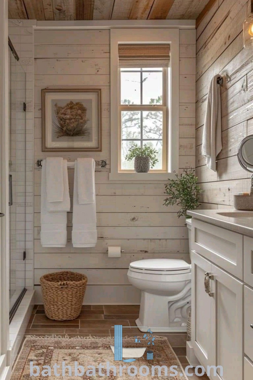 A cozy rustic small bathroom featuring wood paneling, a cozy rug, and inviting decor elements. Discover farmhouse style and small country bathroom design ideas for a beautiful and functional space. Find more inspirations at bathbathrooms.com.
