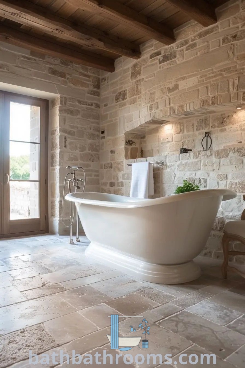 A large white bath tub sitting inside a bathroom next to a door and window, creating an elegant and cozy atmosphere. Explore design ideas and inspirations for your home at bathbathrooms.com.