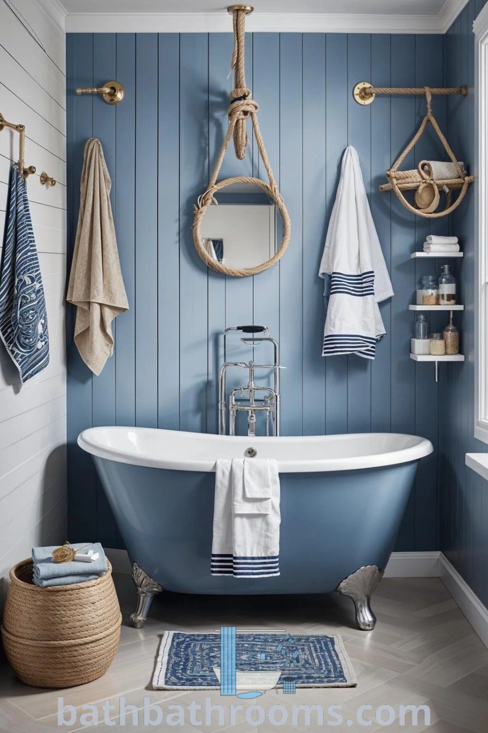 A cozy seaside bathroom with blue and white walls, a claw foot bathtub, and towels hanging on the wall, showcasing farmhouse black and white decor and nautical elements. Discover inspiring design ideas for a perfect style fusion at bathbathrooms.com.