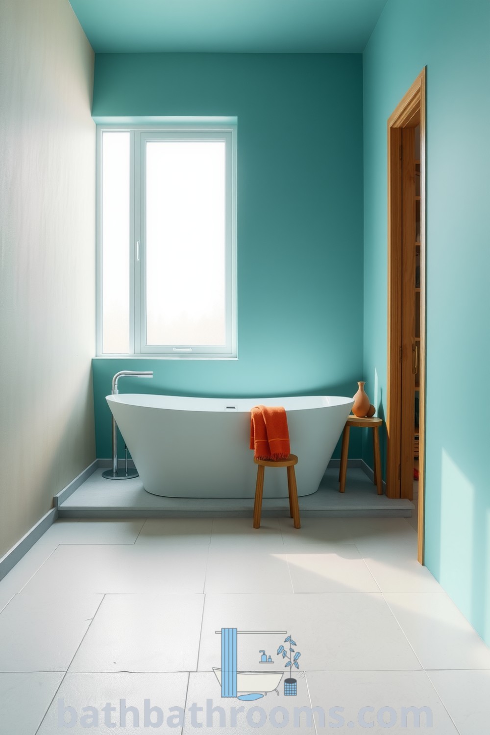 Minimalist bathroom featuring a soothing turquoise palette, a sleek freestanding tub against a textured wall, warm wooden accents, and natural light enhancing the cozy atmosphere. Discover more decor ideas for small spaces at bathbathrooms.com.