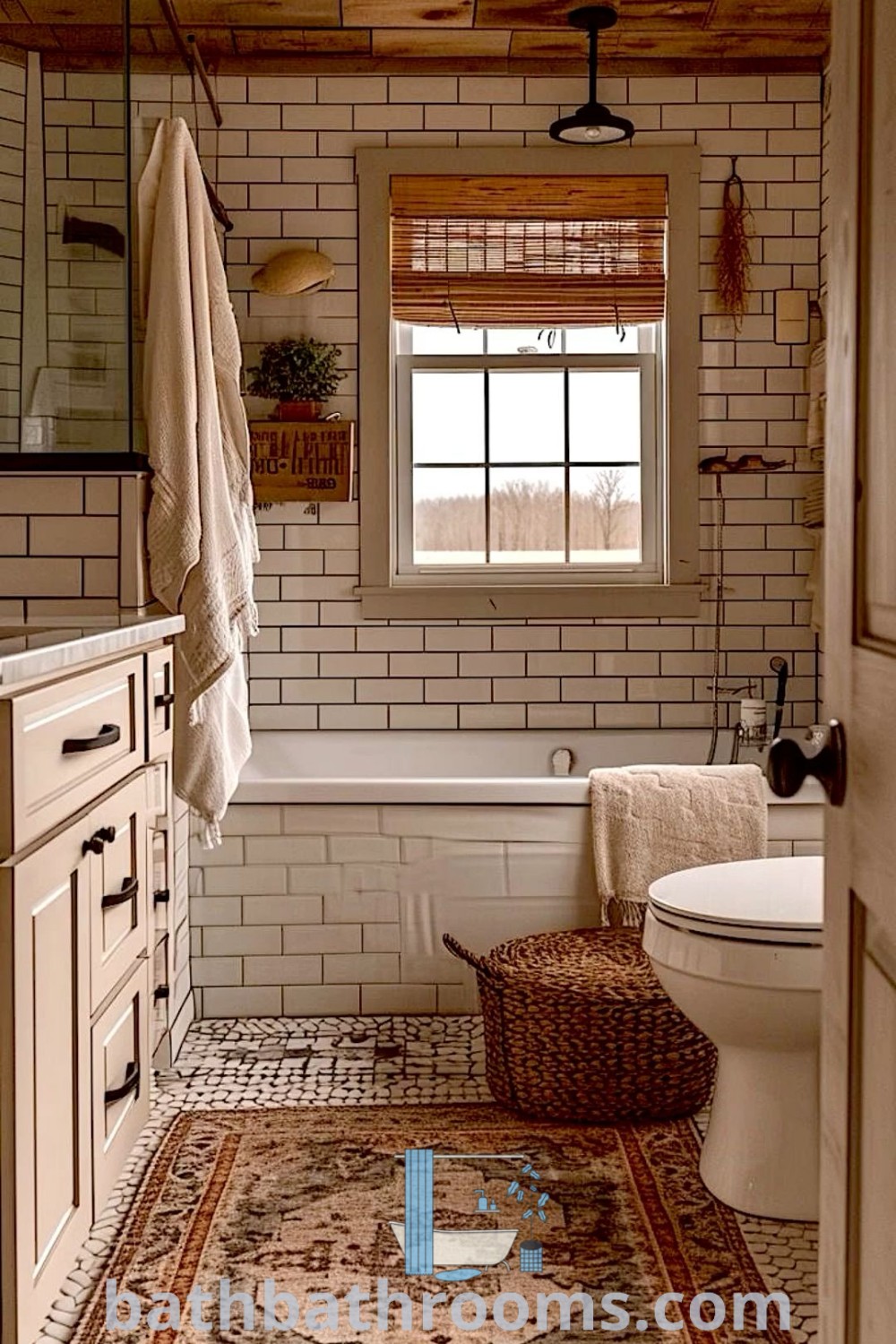 A cozy cottage bathroom featuring a rug on the floor, displaying vintage charm and rustic accents. This design embodies cozy aesthetic inspirations and modern country cottage styles, showcasing ideas for your home at bathbathrooms.com.