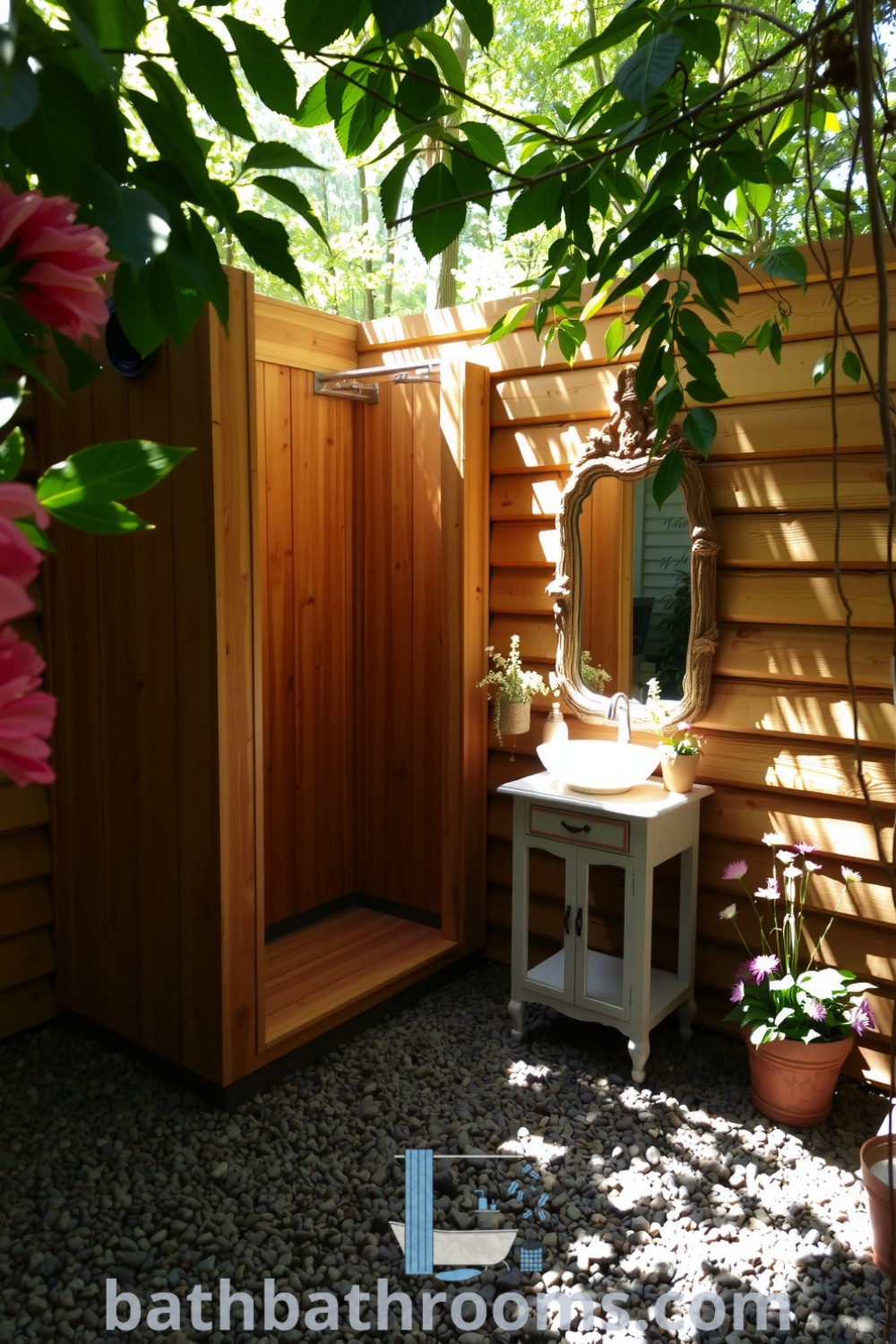 Outdoor bathroom with wood-paneled walls, pebble floor, vintage washstand, and wildflower pots, creating a rustic retreat in nature. Explore inspiring cozy decor ideas at bathbathrooms.com.