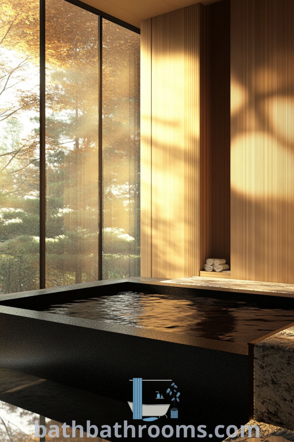 Elegant Japanese bathroom featuring a deep black tub, warm wooden walls, and stone accents, beautifully illuminated by soft light through a shoji screen. Discover cozy decor ideas and inspirations for your home at bathbathrooms.com.