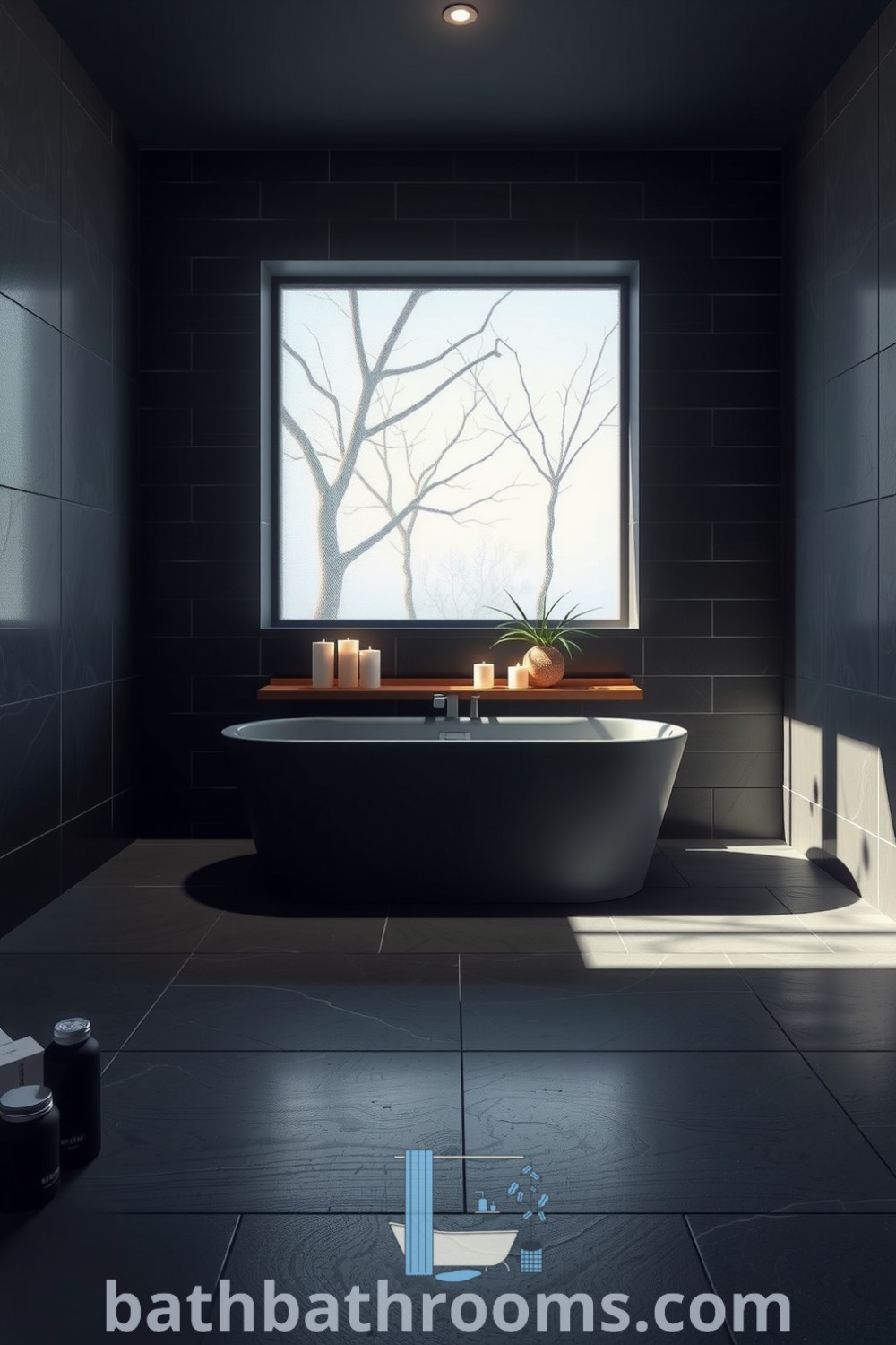 Stylish minimalist bathroom featuring a freestanding tub, textured stone walls, earthy tones, wooden shelves with candles and a plant, creating a serene atmosphere. Explore more inspiring decor ideas for small spaces at bathbathrooms.com.