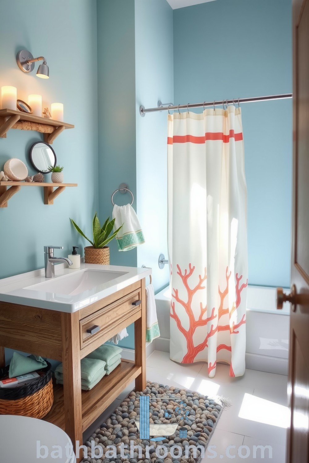 Cozy coastal bathroom with aquamarine walls, driftwood shelves with seashells, a reclaimed wood vanity, coral-patterned shower curtain, and pebble-stone mat, creating a tranquil atmosphere. Discover more decor ideas for your home at bathbathrooms.com.