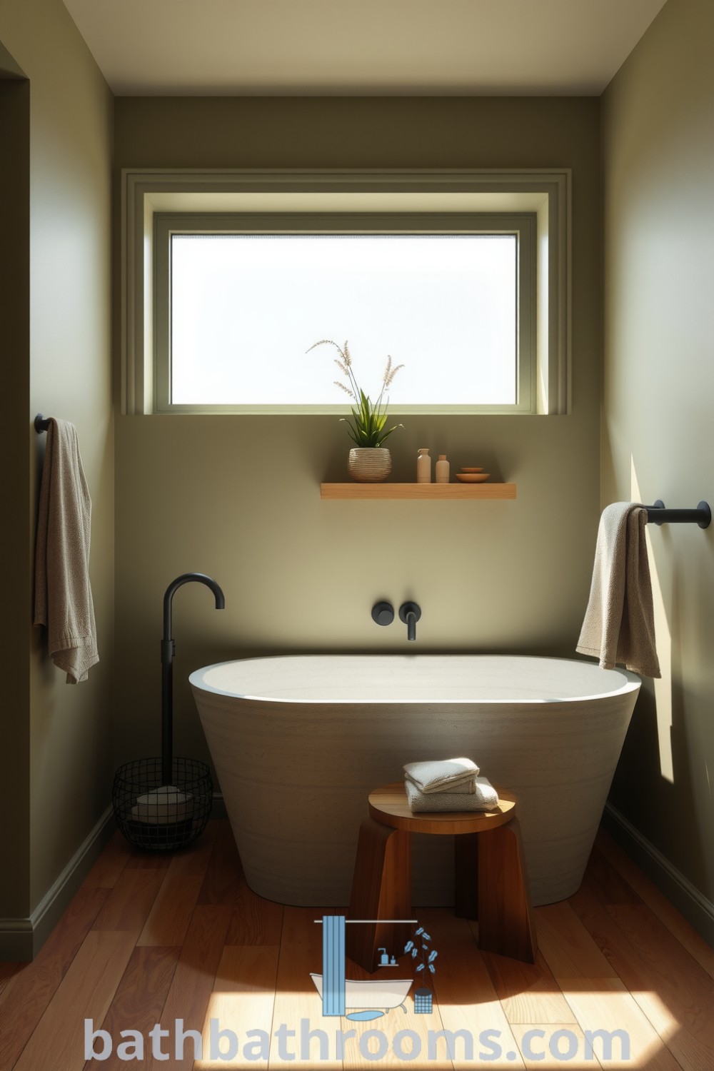 Minimalist bathroom featuring a freestanding stone tub, olive walls, warm wood flooring, and a potted plant, designed for comfort and relaxation. Discover inspiring decor ideas for your home at bathbathrooms.com.