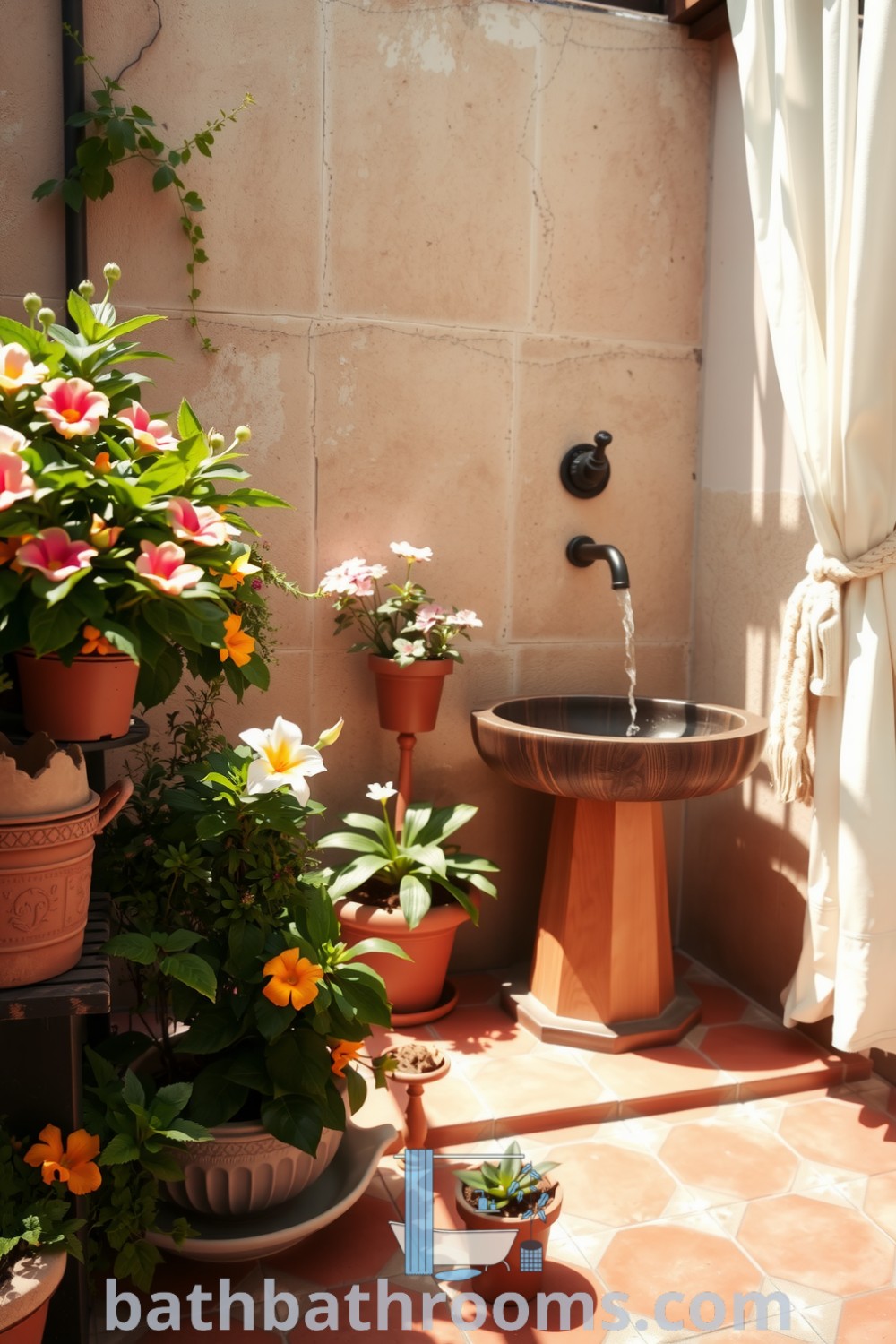 Mediterranean outdoor bathroom featuring terracotta tiles, a weathered stone wall, vibrant potted plants, and a handmade wooden washbasin, creating a cozy aesthetic. Discover inspiring decor ideas for your home at bathbathrooms.com.