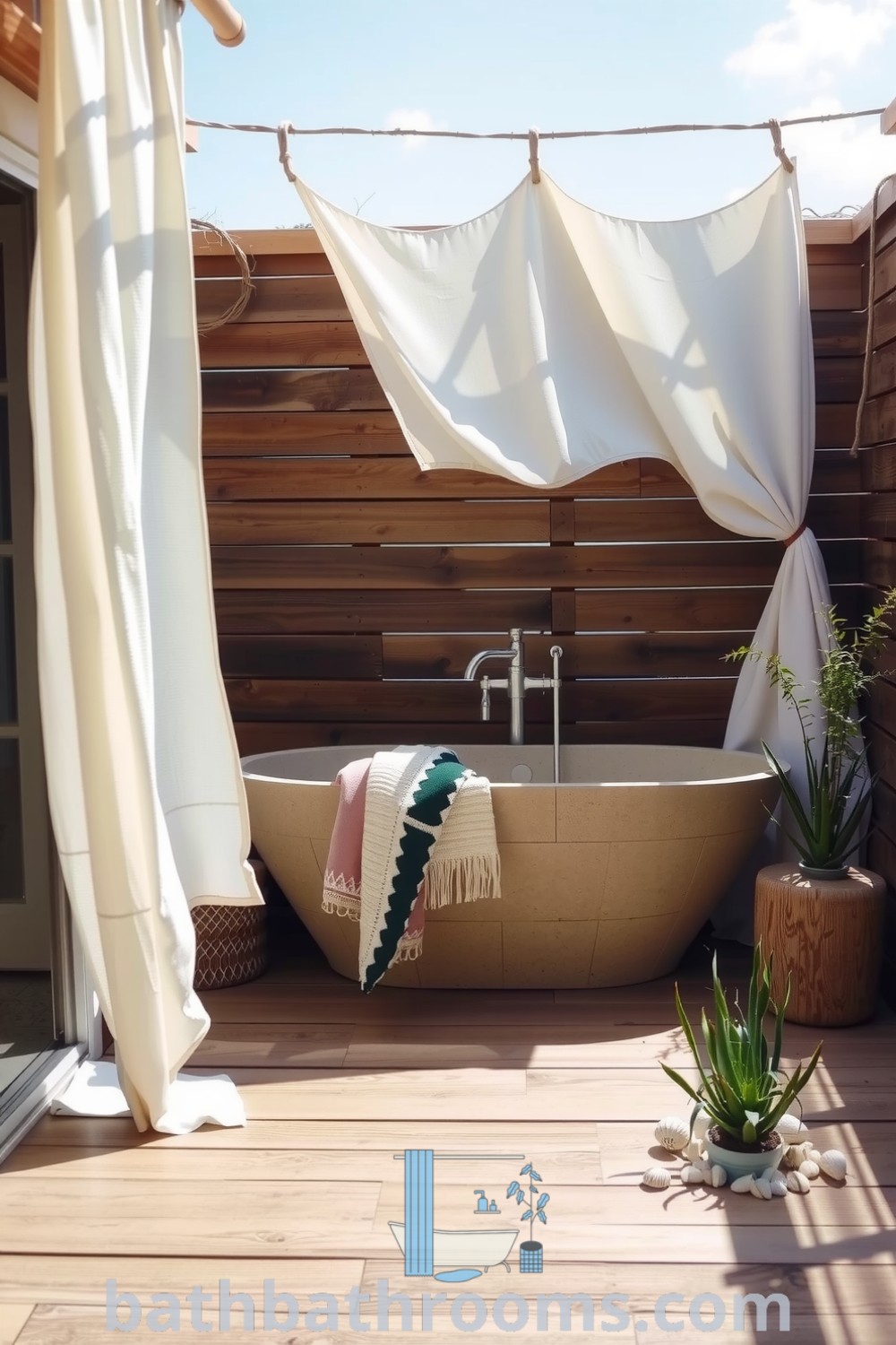 Outdoor bathroom featuring a rustic stone freestanding tub, weathered wooden decking, soft sand, and coastal decor elements like shells and potted succulents, creating a relaxing coastal retreat. Discover unique ideas for your home at bathbathrooms.com.