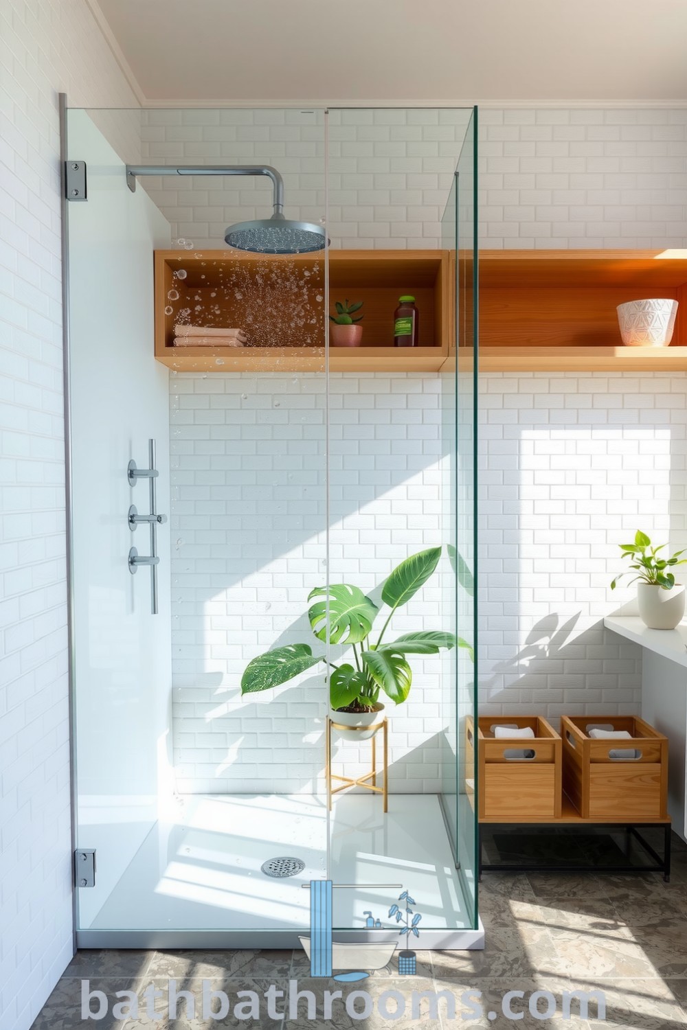 Frameless glass shower against textured white subway tiles, accented with lush green plants and warm wooden shelves, creating a cozy and inviting atmosphere. Discover unique ideas for your home at bathbathrooms.com.