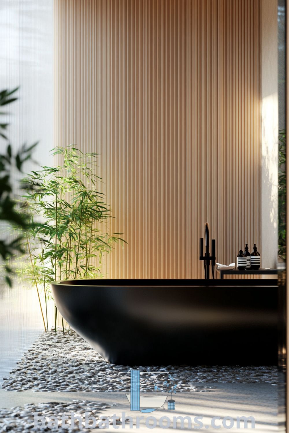 Serene Japanese bathroom featuring a black tub, light wood paneling, textured stone floors, and bamboo plants, creating a tranquil atmosphere. Discover more unique decor ideas at bathbathrooms.com.