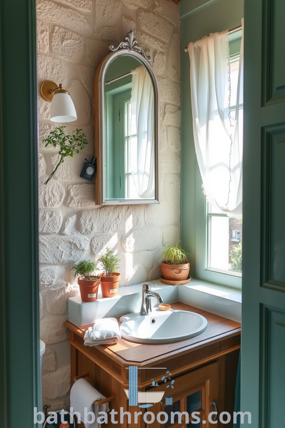 Cozy Provence bathroom featuring mint green hues, a rough stone wall, polished wood vanity, vintage mirror, and potted herbs, creating a tranquil atmosphere. Discover more cozy home decor ideas at bathbathrooms.com.