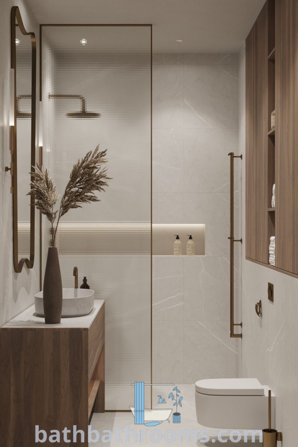A modern small bathroom featuring a toilet, sink, and shower stall in its center, showcasing aesthetic interior design. The cozy decor ideas and inspirations emphasize functionality while maximizing style. Explore more at bathbathrooms.com.