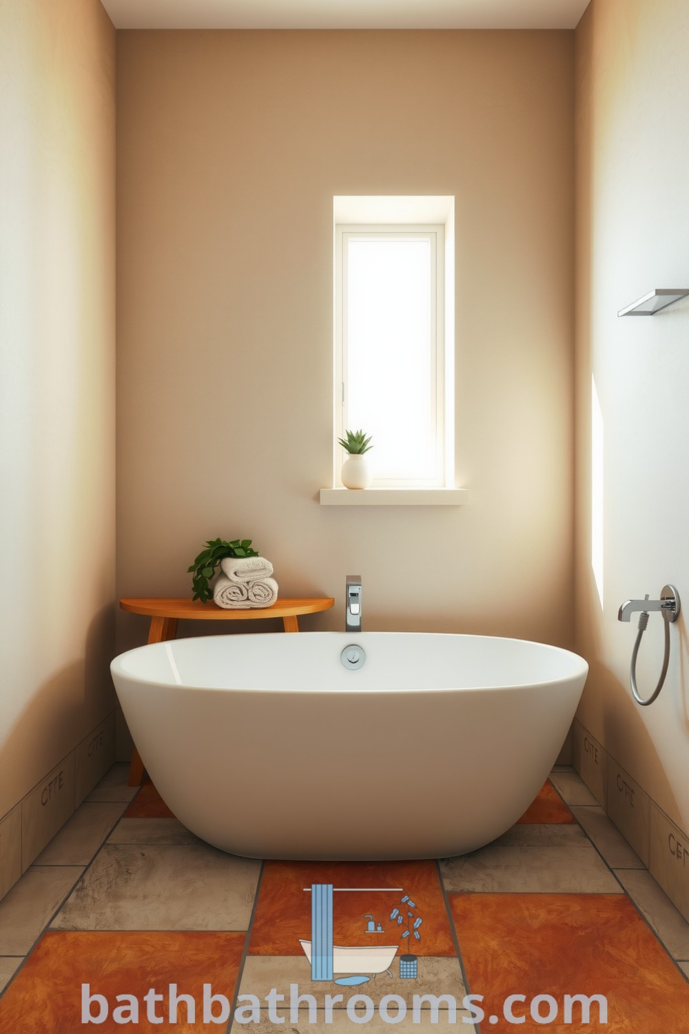 Minimalist bathroom featuring a freestanding tub against a textured plaster wall, warm stone tiles, and rustic decor, creating a cozy and inviting atmosphere. Discover more inspiring decor ideas for small spaces at bathbathrooms.com.