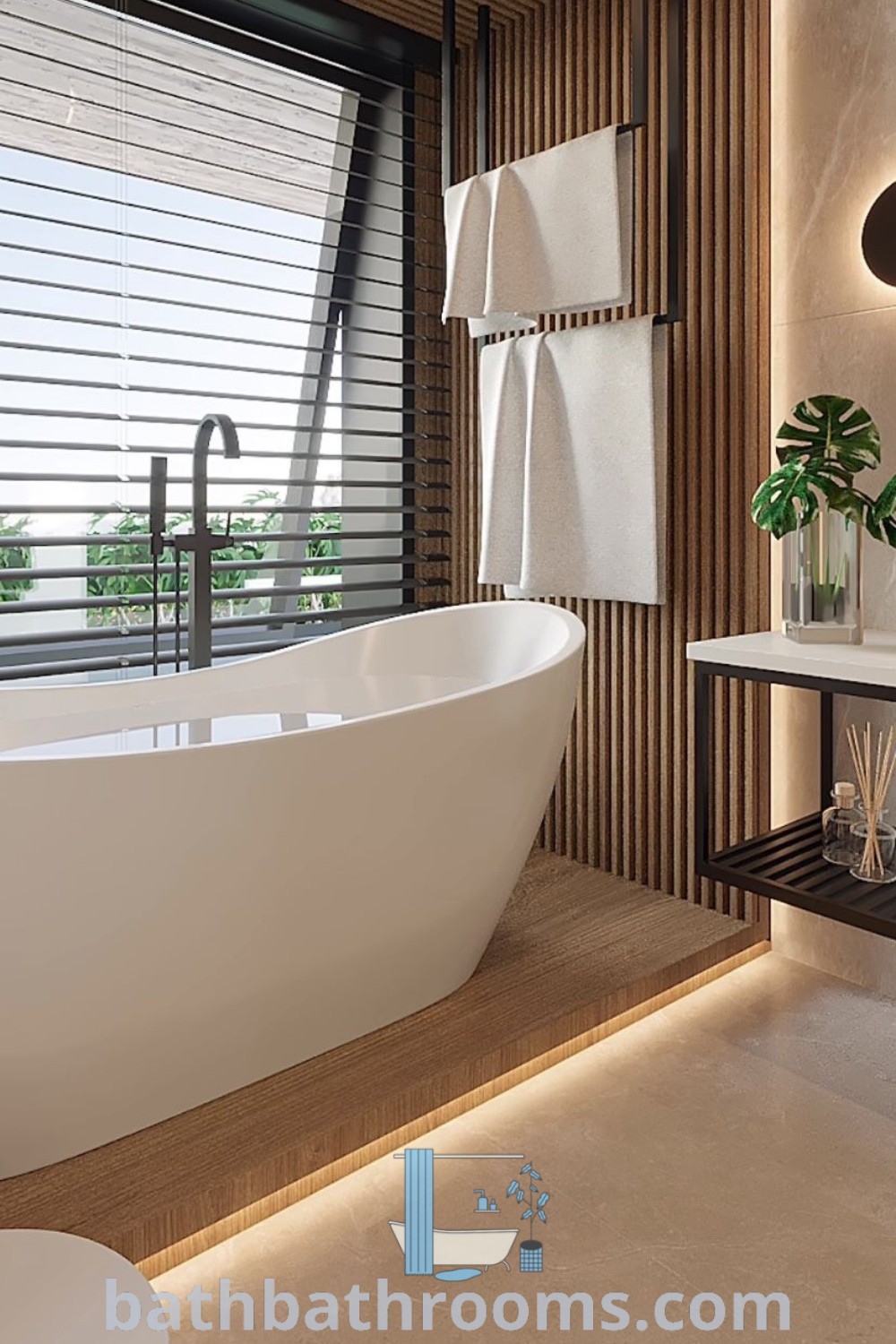 A modern freestanding bath positioned by a large window, showcasing elegant design ideas for master washrooms. This setup highlights inspiring bathroom decor inspirations and renovations, perfect for cozy aesthetics. Explore more at bathbathrooms.com.