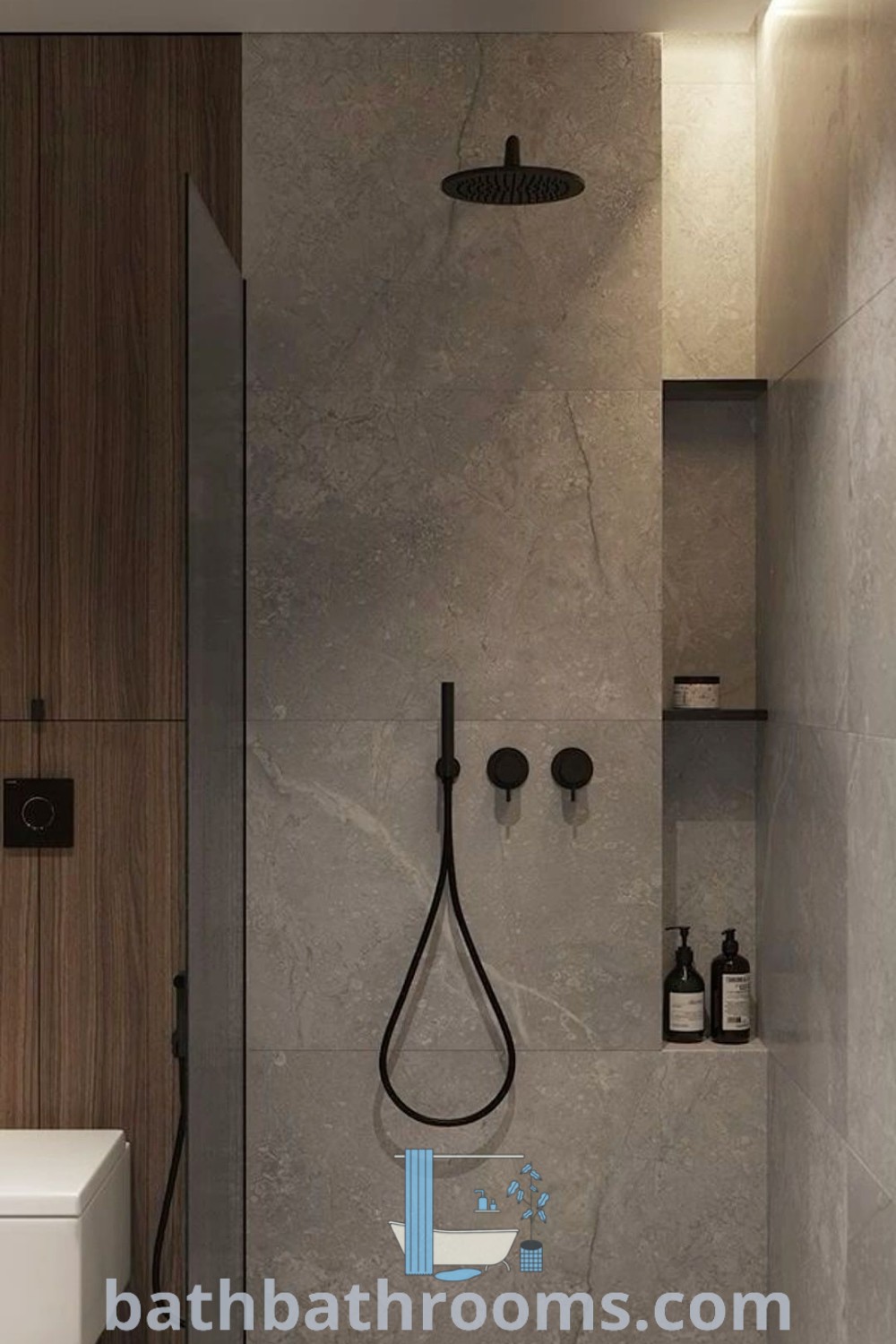 A masculine primary bathroom showcasing a walk-in shower, white toilet, and wooden wall-mounted shelves, exemplifying modern industrial design. Discover cozy ideas and unique decor inspirations for stylish and functional spaces at bathbathrooms.com.