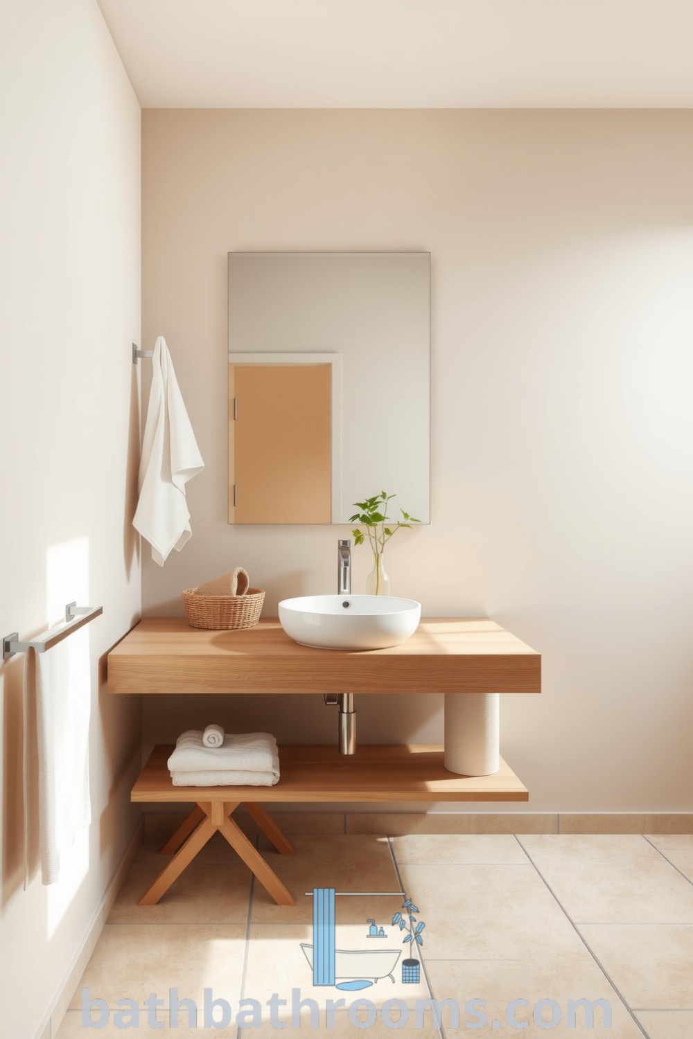 Cozy minimalist bathroom with beige hues, natural stone tiles, a wooden vanity and porcelain sink beneath a sunlit window, creating a tranquil atmosphere. Discover more decor ideas for small spaces at bathbathrooms.com.
