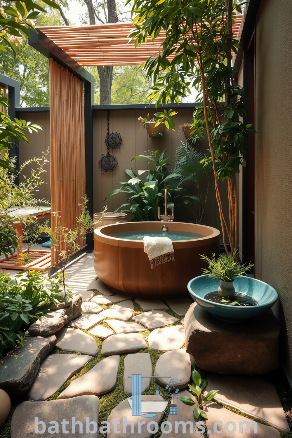 Outdoor spa bathroom with freestanding wooden tub, river stone pathway, lush greenery, and a slate rock basin holding fresh herbs, creating a serene atmosphere. Discover unique bathroom decor ideas at bathbathrooms.com.