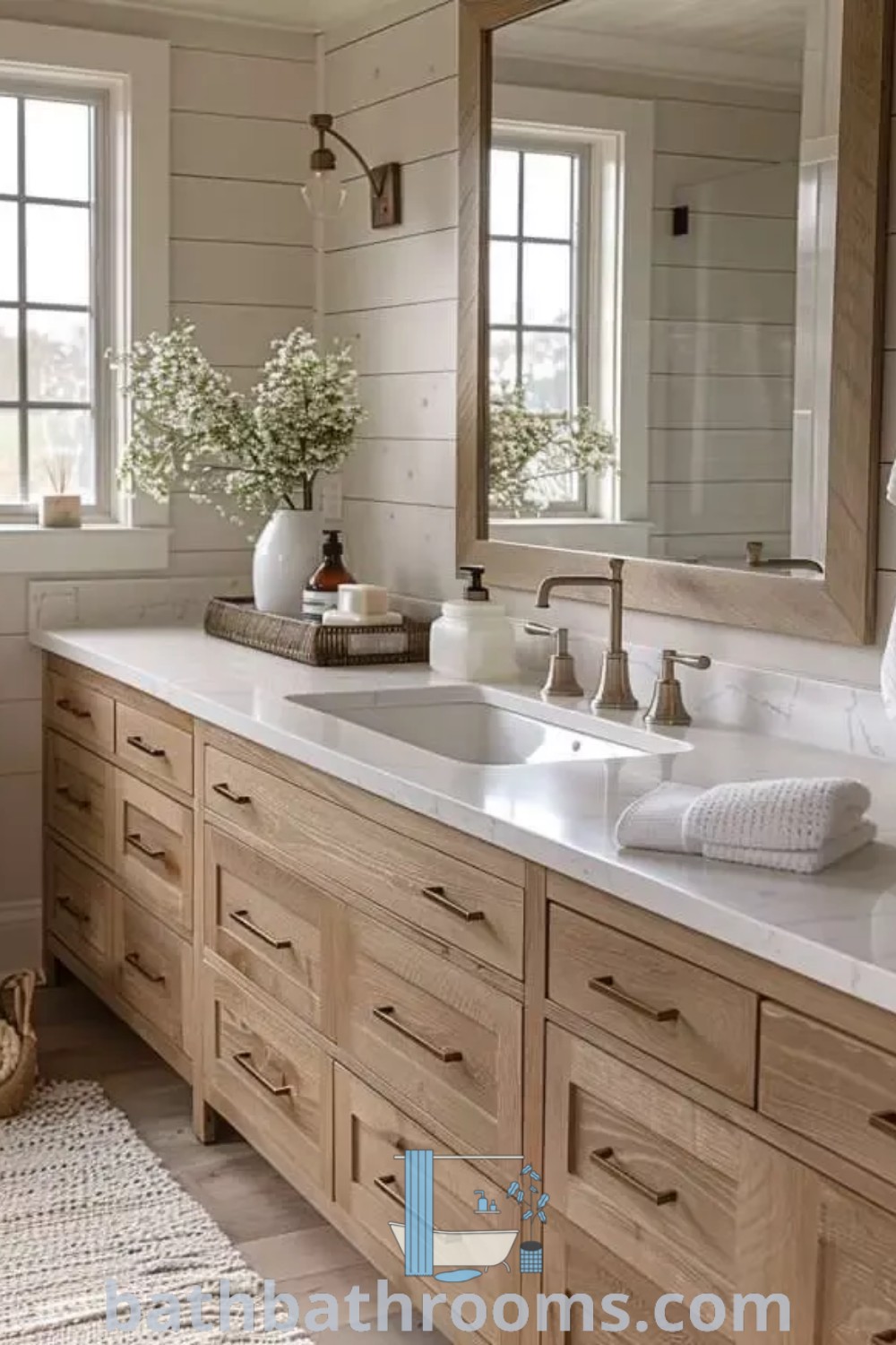 A modern farmhouse bathroom with two sinks and mirrors on the wall next to a toilet in front of a window, showcasing a blend of rustic and contemporary elements. Explore design inspirations and ideas to maximize style at bathbathrooms.com.