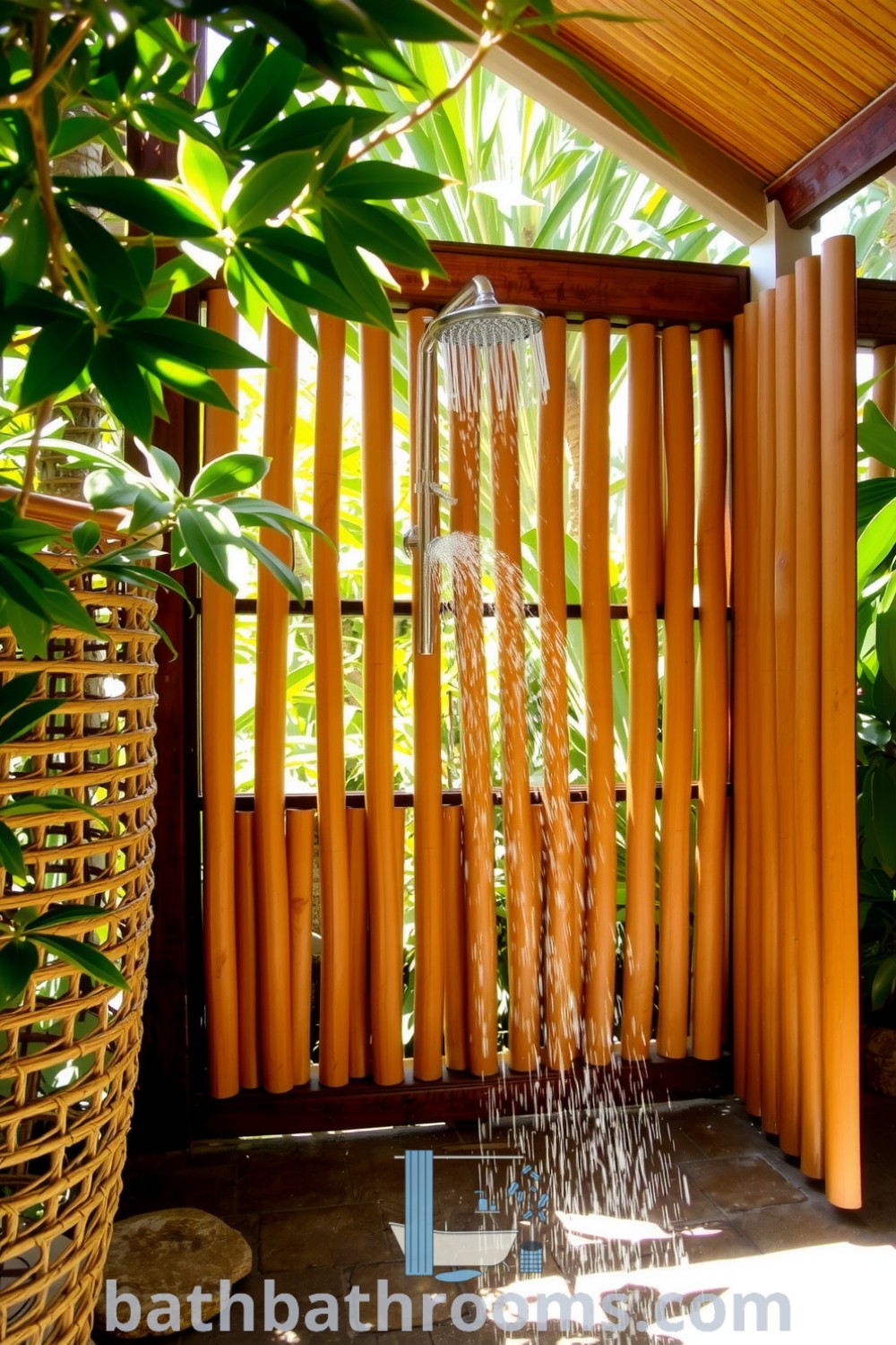 Tropical outdoor shower framed by lush greenery, bamboo panels, weathered stone floor, and polished metal showerhead, showcasing a serene and inviting bathing space. Discover inspiring decor ideas at bathbathrooms.com.