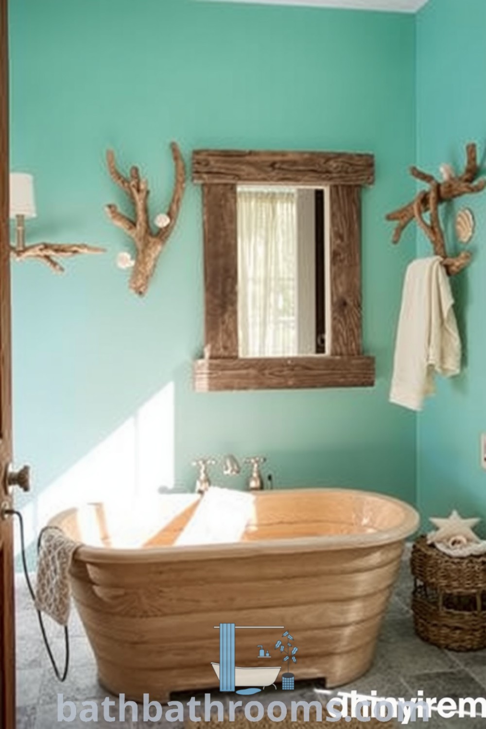 Sea-themed bathroom featuring soft aquamarine walls, driftwood accents, a rustic mirror, seashells, textured stone tiles, and a wooden bathtub, creating a serene and inviting atmosphere. Discover inspiring decor ideas for your home at bathbathrooms.com.