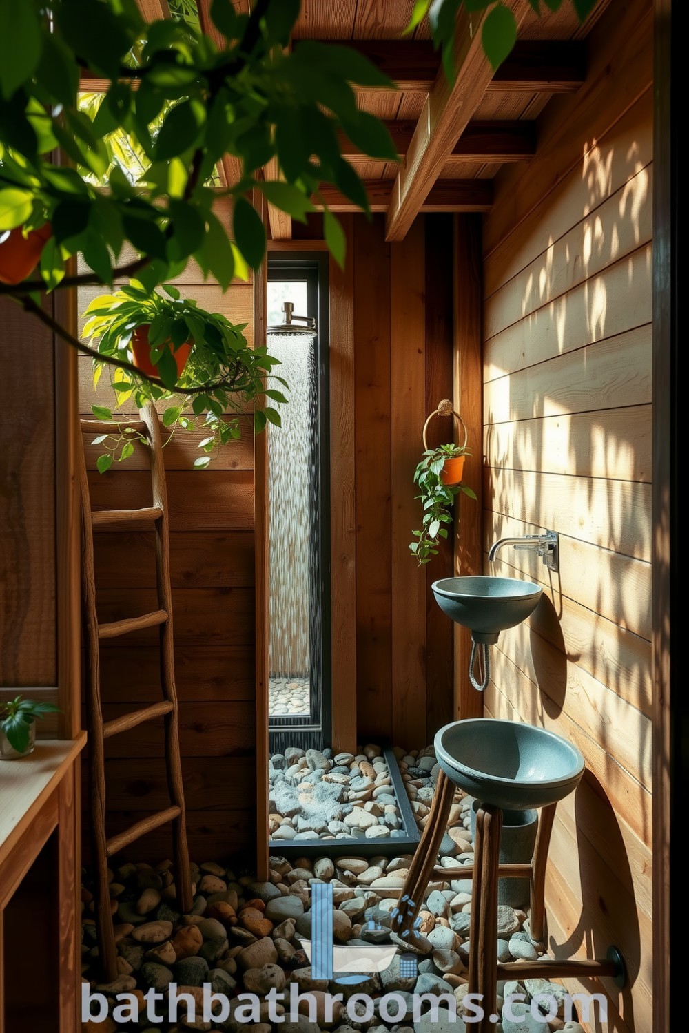 Eco-friendly outdoor bathroom featuring natural wood, smooth river stones, open pebble-floored shower, hanging plants, and rustic decor, creating a tranquil atmosphere. Discover unique ideas for your home at bathbathrooms.com.