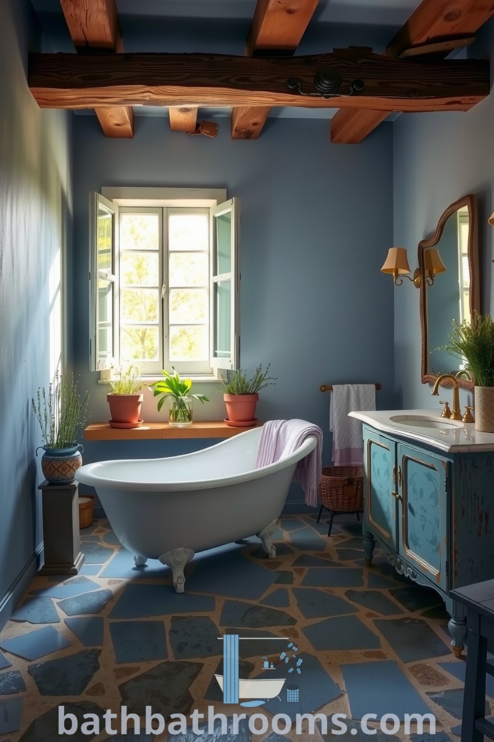 Cozy Provence bathroom featuring a calming blue palette, vintage clawfoot tub, rustic wooden beams, and potted herbs, creating a serene atmosphere. Discover inspiring decor ideas for your home at bathbathrooms.com.