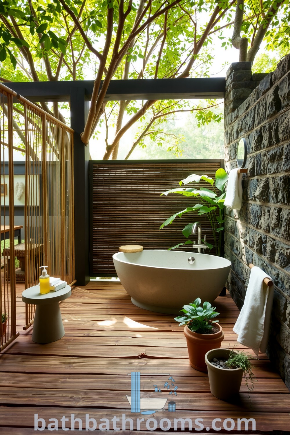 Cozy outdoor spa bathroom featuring teak wood, a freestanding stone bathtub surrounded by greenery, bamboo screens, and organic soaps. Discover more unique decor ideas at bathbathrooms.com.