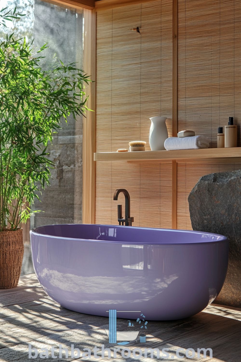 Warm and inviting Japanese bathroom with a lavender soaking tub, wooden paneling, shoji screen, rustic stone tiles, and bamboo plant, offering cozy decor ideas for relaxation. Discover more inspiring decor ideas at bathbathrooms.com.